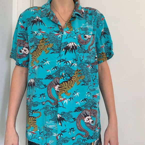 Turquoise Blue Unisex Tiger Print Short Sleeved Collared Button Down - Picture 1 of 4